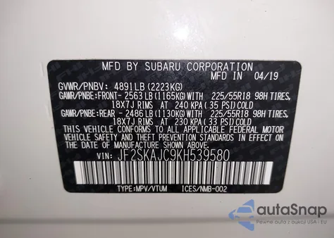 2019 Subaru Forester Sport из США, поврежденный, VIN JF2SKAJC9KH539580